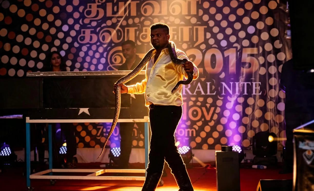 Silan Magician, Malaysia's only exotic reptile illusionist, performing a live python stage illusion